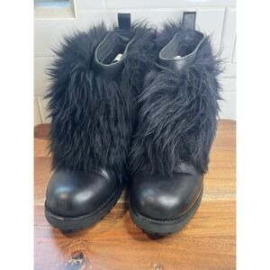 UGG Womens Black Leather Fur Cuff Ankle Boots Slip On Winter Shoes Sz 9.5 Otelia